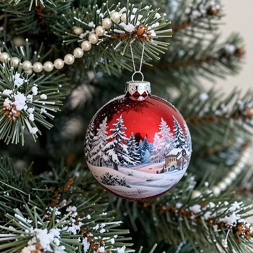 Photograph of a red Christmas ornament with snowy forest scene, hanging on a green, snow-dusted pine tree with white pearls.