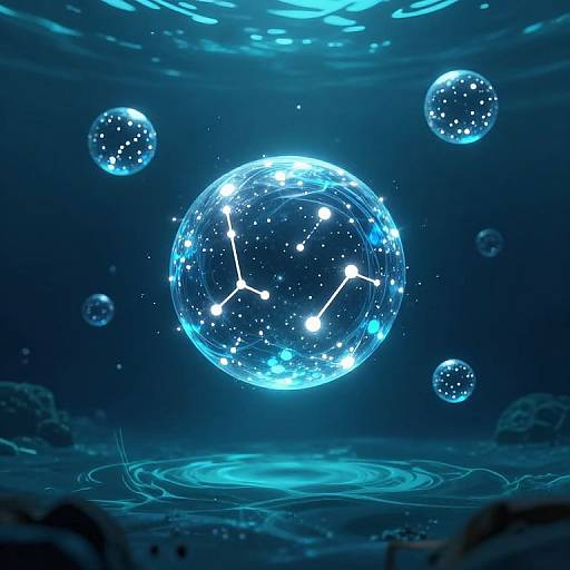 Digital artwork of a glowing blue crystal sphere with constellation-like lights, surrounded by smaller bubbles, floating above a rippling blue surface.