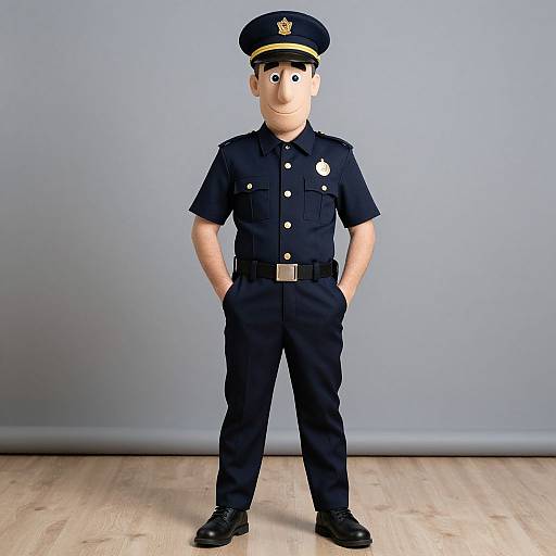 Photograph of a 3D cartoon-style plastic toy police officer standing with hands in pockets, wearing a navy uniform and hat, against a plain gray