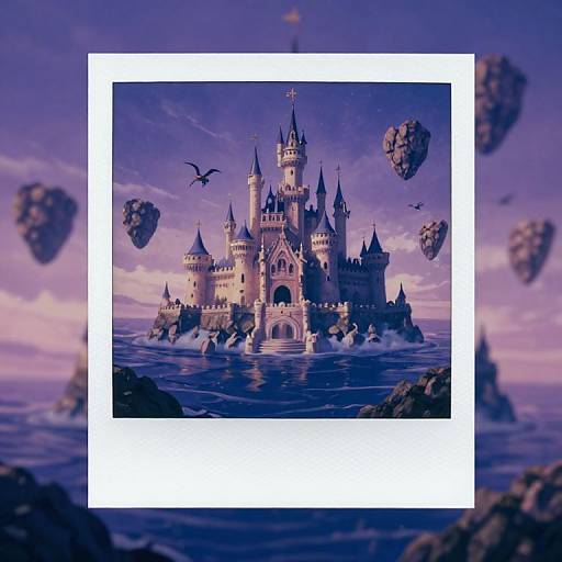 Digital illustration of a fairy-tale castle with spires and a cross, floating on a purple-hued lake, surrounded by floating islands and birds,