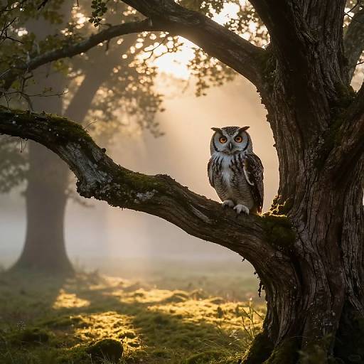 Mystical Owl on Oak Tree at Dawn