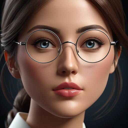 Photorealistic digital portrait of a young woman with blue eyes, fair skin, brown hair in a braid, wearing round silver glasses, and pink
