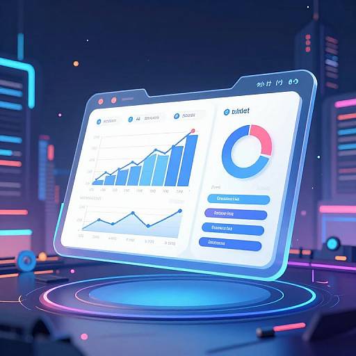 Digital illustration of a futuristic, glowing tablet displaying a bar chart and pie chart with neon-blue and pink accents. Background features neon-lit, cyberpunk