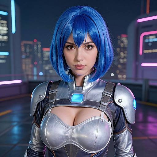 CGI image of a blue-haired woman in futuristic armor with glowing blue chest plate, set against a neon-lit cityscape at night.