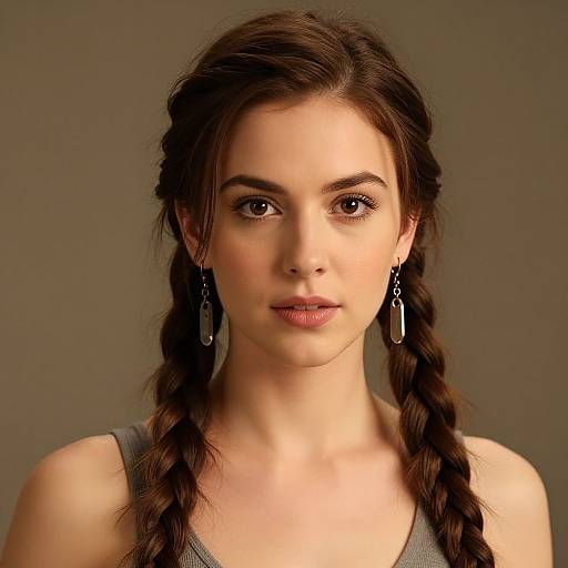 Photograph of a young woman with fair skin, brown eyes, and dark brown braided hair, wearing a gray tank top and long, dangling earrings