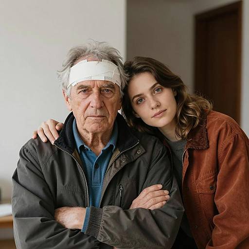 Elderly man with head injury supported by young woman