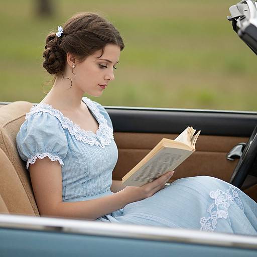 Photograph of a fair-skinned woman with dark brown hair in a bun, wearing a light blue, lace-trimmed dress, reading a book