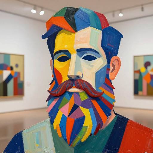 Vibrant, geometric-style painting of a bearded man with colorful, triangular facial features and head, set in a modern art gallery.