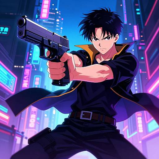 Digital anime drawing of a determined, black-haired male gunner in a dark, open-collared jacket, firing a handgun in a neon-lit
