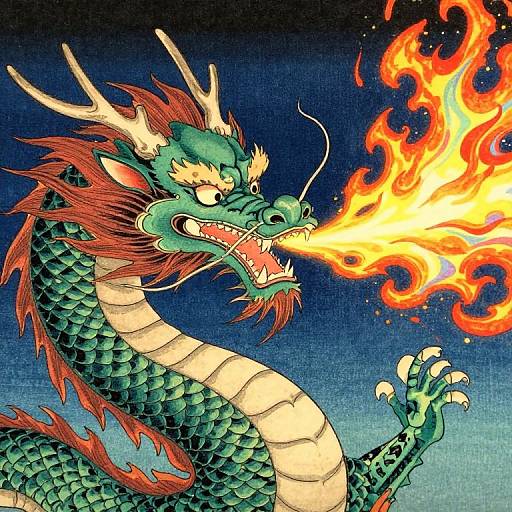Vibrant digital illustration of a green dragon with red mane and horns, breathing fiery orange and yellow flames against a dark blue gradient background. Detailed scales