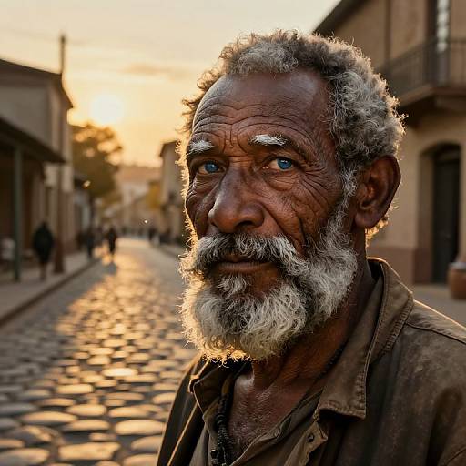 Photograph of an elderly, weathered man with curly gray hair and white beard, standing on a cobblestone street at sunset. Warm light highlights