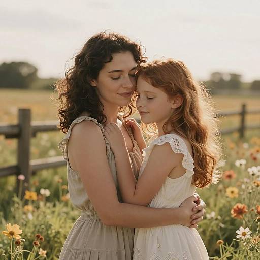 Photograph of a curly-haired woman in a beige dress hugging a red-haired girl in a white lace dress in a sunny meadow with a wooden