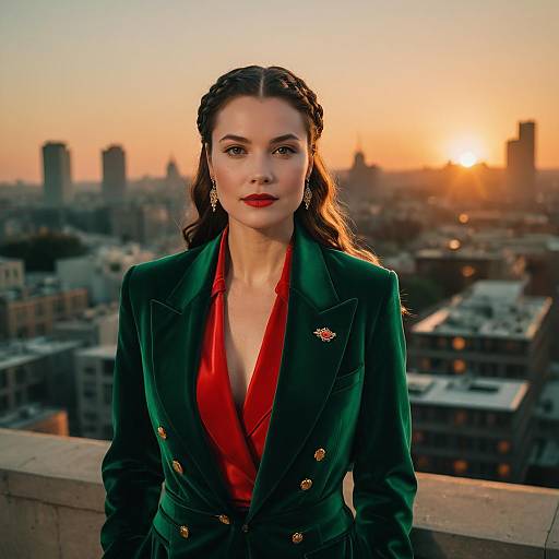 Elegant Woman in Emerald Velvet Tuxedo at Sunset