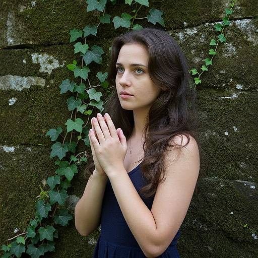 Photograph of a fair-skinned, brunette woman with long wavy hair, wearing a sleeveless black dress, hands clasped, standing against a