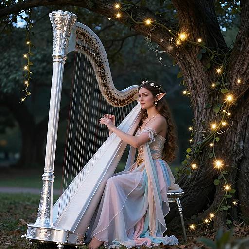Elegant Elf Bard Playing Silver Harp