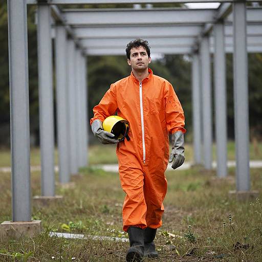 Man in Orange Protective Suit Walking Under Metal Structure
