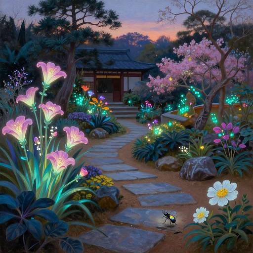 Digital painting of a luminous, colorful garden at dusk, featuring glowing flowers, a stone path, and a traditional Japanese house in the background. A