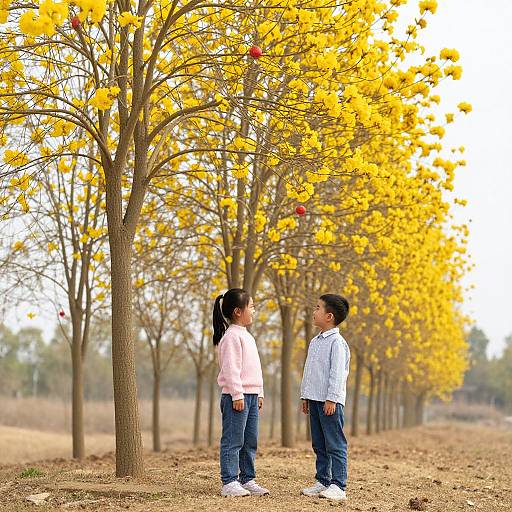 Photograph of two Asian children, one girl in a pink sweater and one boy in a white shirt, standing under a row of vibrant yellow trees in
