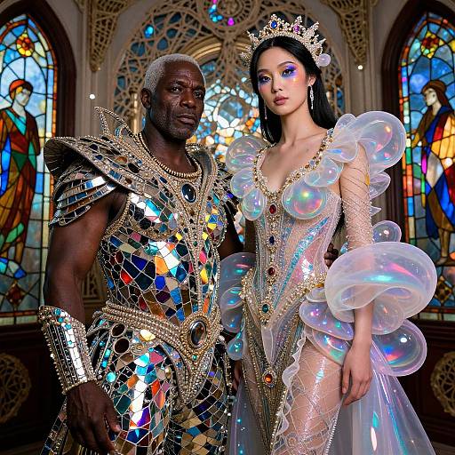 Photograph of a muscular Black man in reflective, gemstone-embellished armor and a fair-skinned woman with long black hair in a translucent