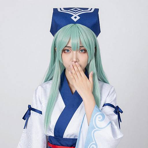Mint-Green Haired Person in Traditional Outfit