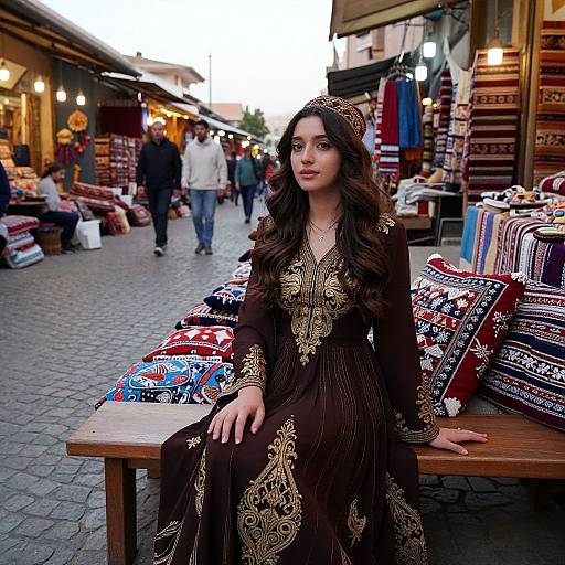 Photograph of a young woman with long, wavy brown hair, wearing an ornate brown and gold dress and a small hat, sitting on a