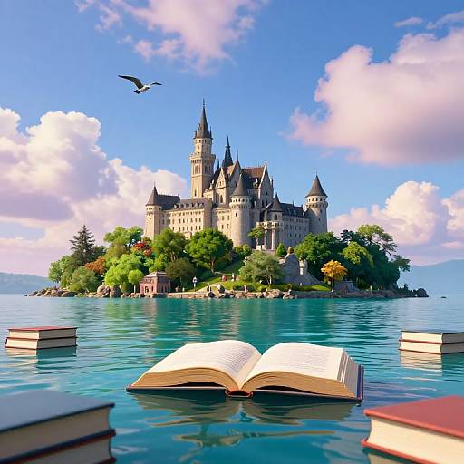 Fantasy digital artwork of a floating castle surrounded by turquoise water, with an open book in the foreground, surrounded by floating books, under a bright blue