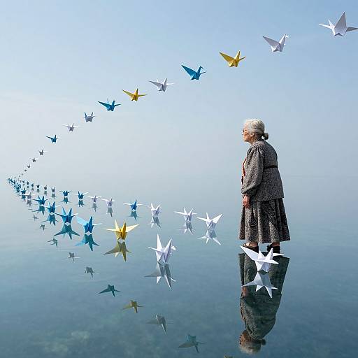 Elderly woman in patterned coat stands in reflective water, surrounded by colorful paper birds, looking upwards in serene, blue-lit scene.