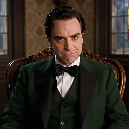 Photograph of a serious, dark-haired man in a black tuxedo with bow tie, seated in an ornate, dimly-lit room