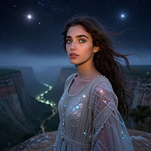 Photorealistic digital artwork of a young woman with green eyes, long dark hair, wearing a sparkling silver gown, standing against a starry night sky