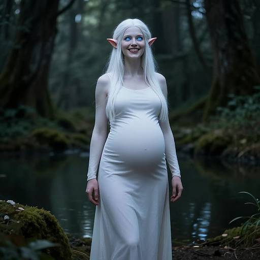 Photograph of a pregnant, white-haired elf woman with pointed ears, wearing a long, white, form-fitting dress, standing in a dark,
