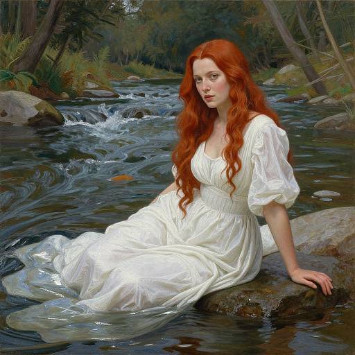 Digital painting of a red-haired woman in a flowing white dress, sitting on a rock in a serene forest creek, water rippling around her.