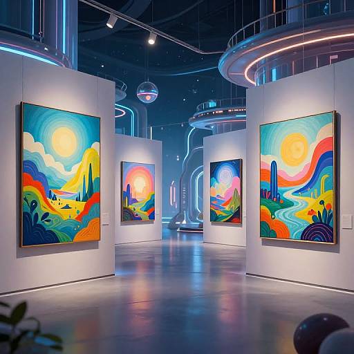 Photograph of a modern art gallery featuring three vibrant, surreal paintings with colorful landscapes and sunsets, illuminated by blue and white lights.