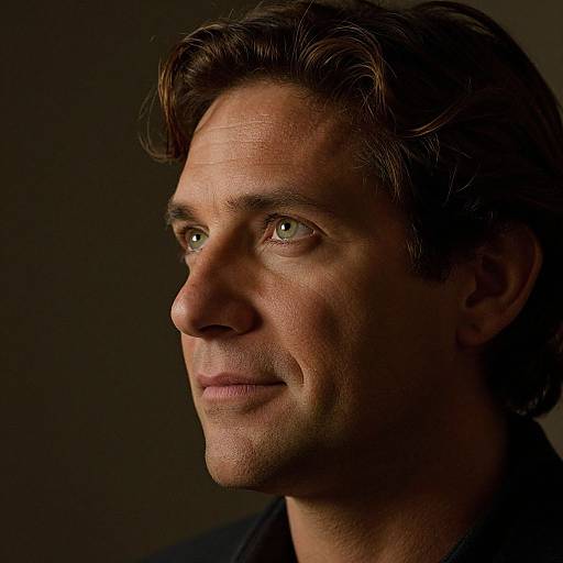 Photograph of a handsome, middle-aged man with green eyes, dark brown hair, and a slight smile, lit from the front against a dark background