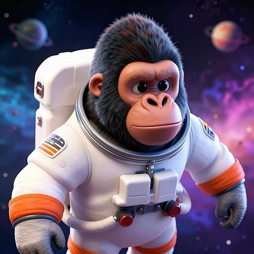 CGI image of a cute, black-furred monkey in a white astronaut suit with orange accents, floating in a colorful, starry space background.