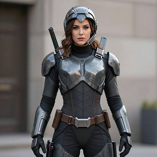 Photograph of a serious, dark-haired woman in black and silver sci-fi armor, helmet, and gloves, standing in an urban setting.