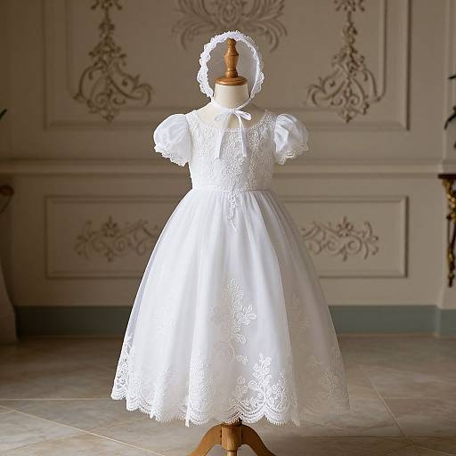 Photograph of a white, lace-trimmed, Victorian-style children's dress on a wooden mannequin in an ornately decorated room.