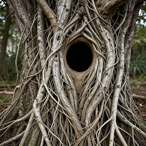 Photograph of a large tree with intricate, twisting roots encircling a dark, hollow circular opening in the trunk, set in a dense forest.
