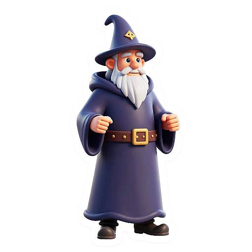 Cartoon-style wizard with a blue robe, brown belt, pointed hat, white beard, and clenched fists, standing against a white background.
