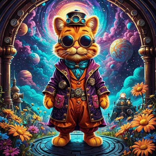 Steampunk Cat in Psychedelic Dreamscape