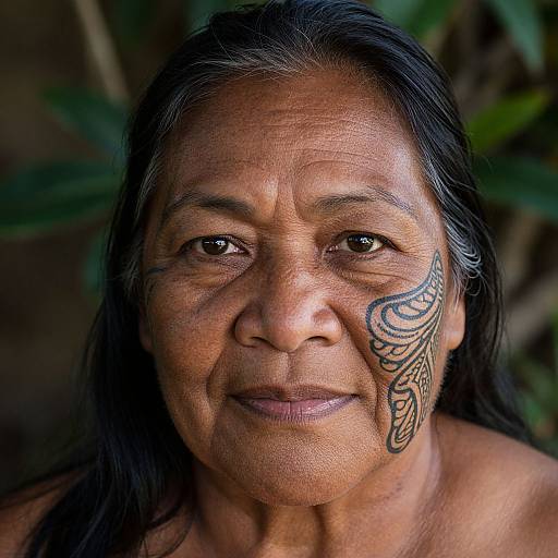 Close-up photograph of an older, smiling, dark-skinned woman with long black hair and intricate black tribal tattoos on her right cheek, set against a