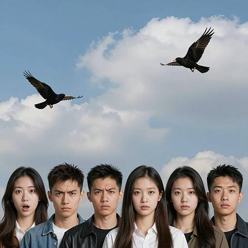 Group Portrait of Six Young Adults with Birds in Sky