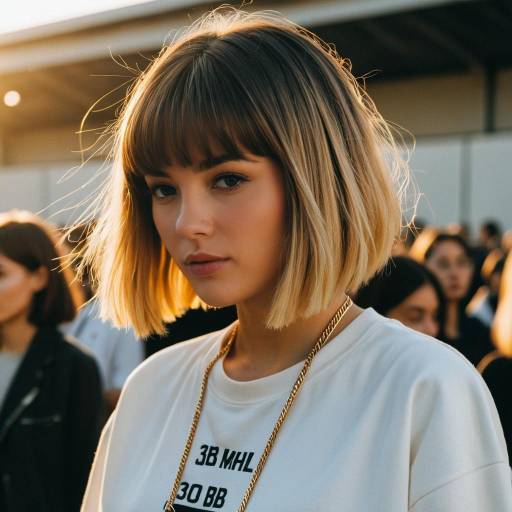 Young Woman with Graduated Bob Hairstyle in Streetwear