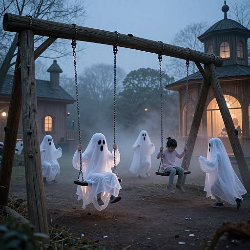 Photograph of a spooky evening scene with white ghost costumes on swings, a child in a pink shirt sitting on another swing, and foggy wooden play