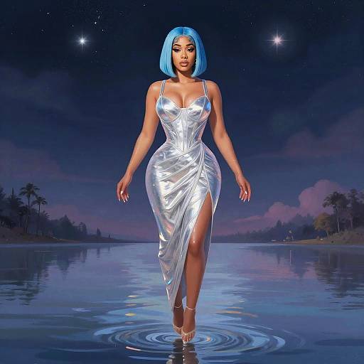 Digital CGI of a blue-haired woman in a shiny silver dress walking through a reflective, starlit lake at night.