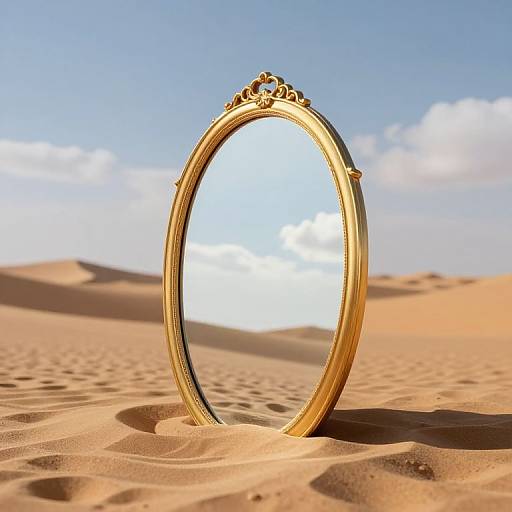 Gold-framed mirror standing upright in a sunlit desert, reflecting a clear blue sky with white clouds, surrounded by sandy dunes.