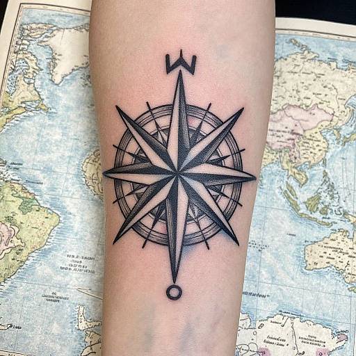 Tattoo of a black, detailed compass rose on a light skin arm, with a map of the world beneath it.