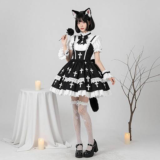 Gothic Lolita Woman with Cat Ears and Black Flower