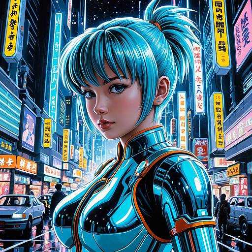 Futuristic Cybernetic Woman in Neon City