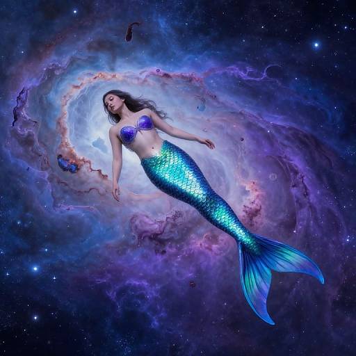 Digital artwork of a blue, scaly mermaid with a purple seashell bra, floating in a cosmic, nebula-filled space.