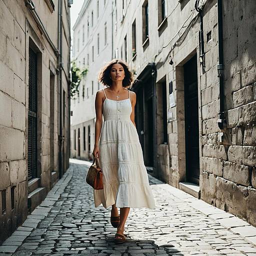 Woman in Bohemian Dress Walking in European Alley